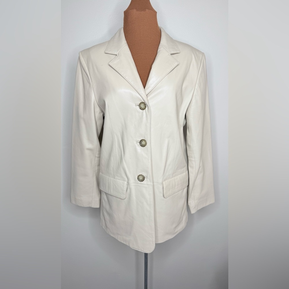 Liz Claiborne Leather Cream Blazer Button Closure Size Medium